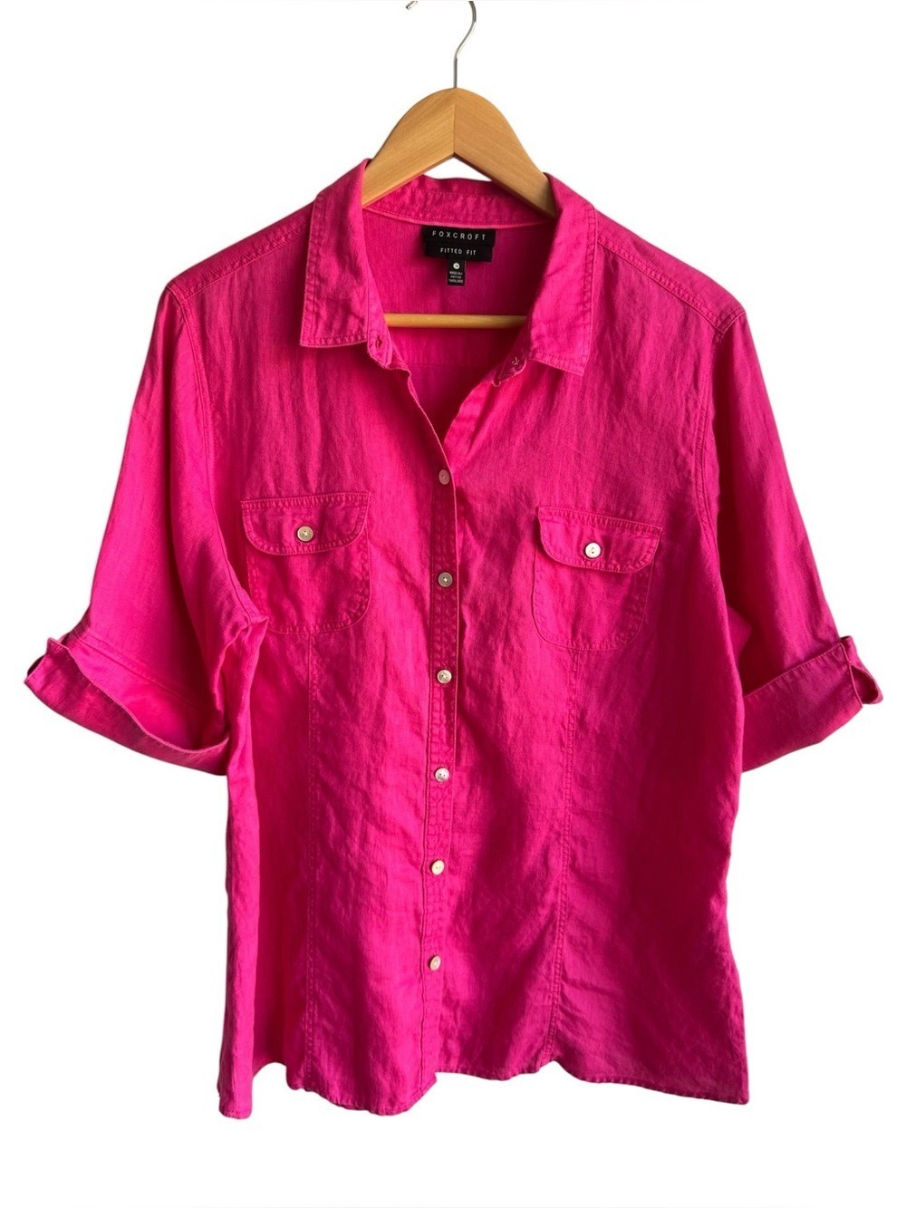 Foxcroft 100% Linen Button Up Top Sz 14 Bright Pink Blouse Summer Utility Shirt